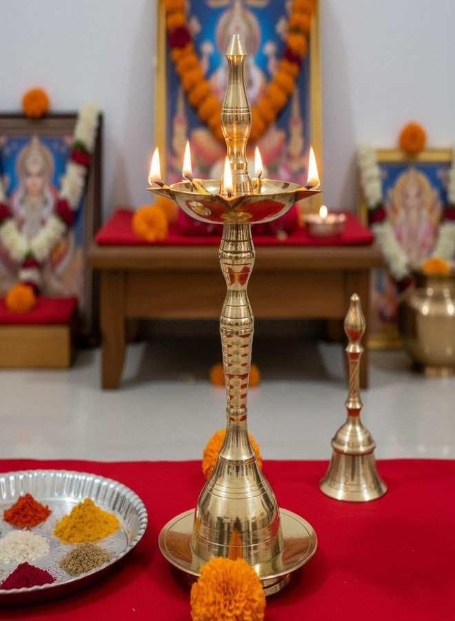 إسبلانيد eSplanade نحاس كيرالا ديا لبوجا - 5 فتيل Kutthu Vilakku Samai Diya لديكورات Puja Diwali، ديكور المعبد - 9 بوصة - Image 1